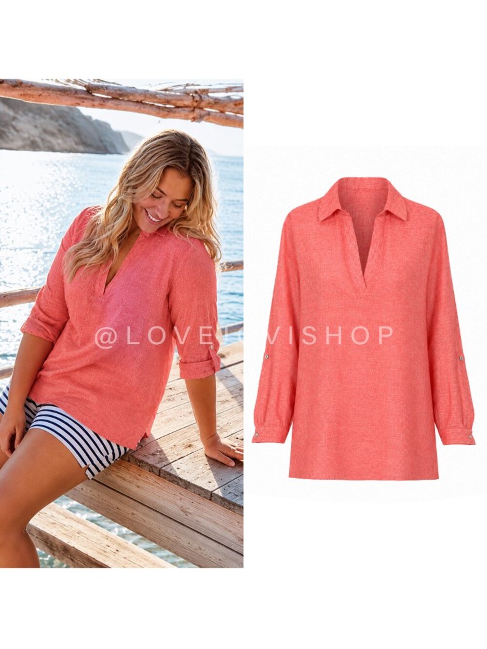 Coastal | Tahari Linen Long Sleeve Pullover Collared Shirt | Button Back | Coral